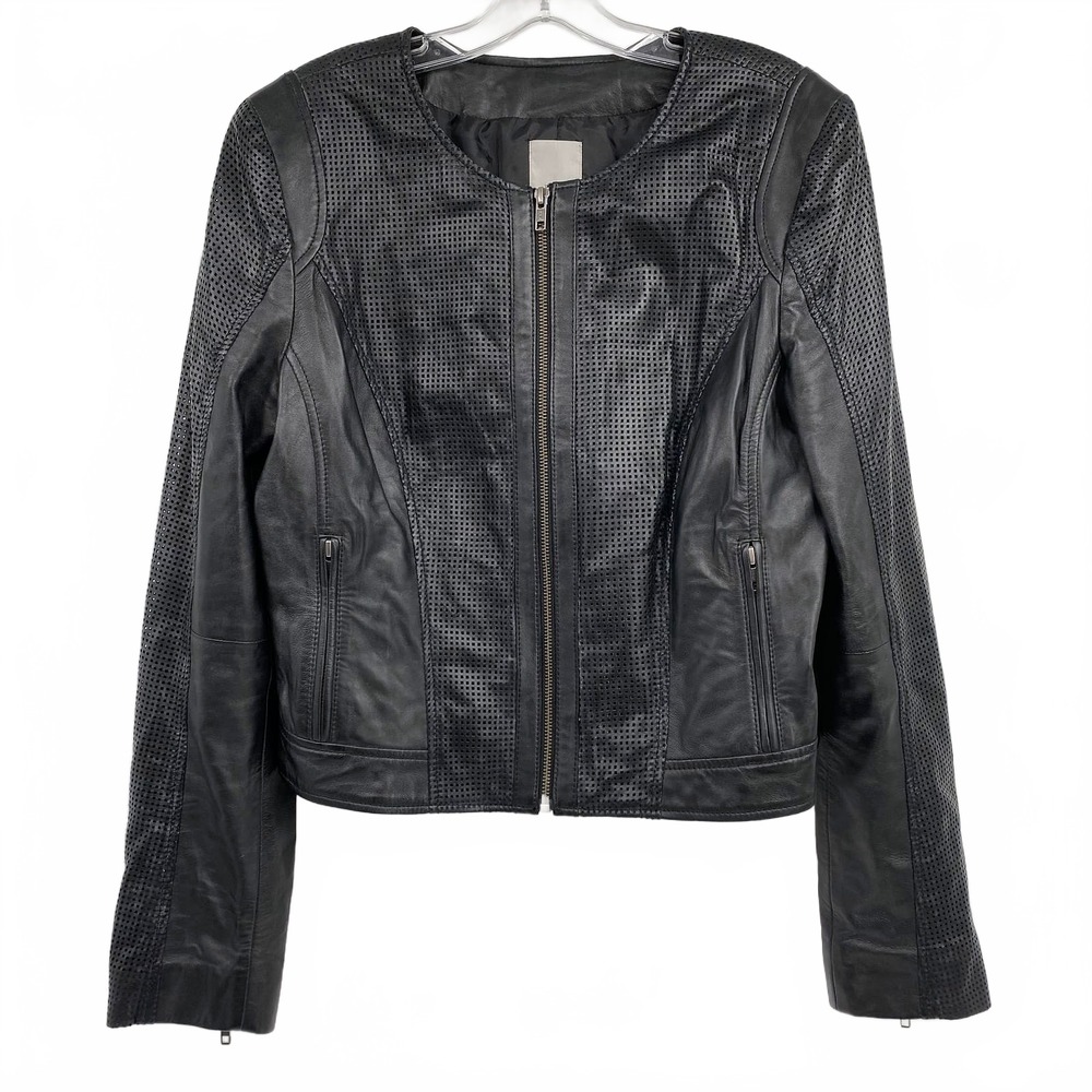 Halogen Black Laser Cut Leather Jacket | Womens L